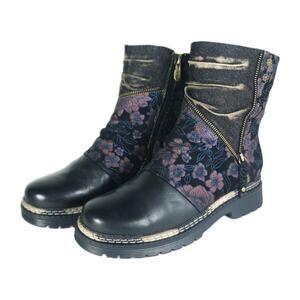 L'Artiste by Spring Step Women's AvrilRose US11 Black Leather Floral Ankle Boots